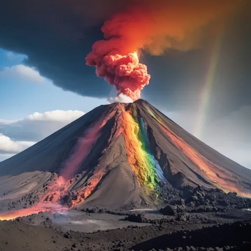 Prompt: Create an image for Rainbow over volcano erruption 