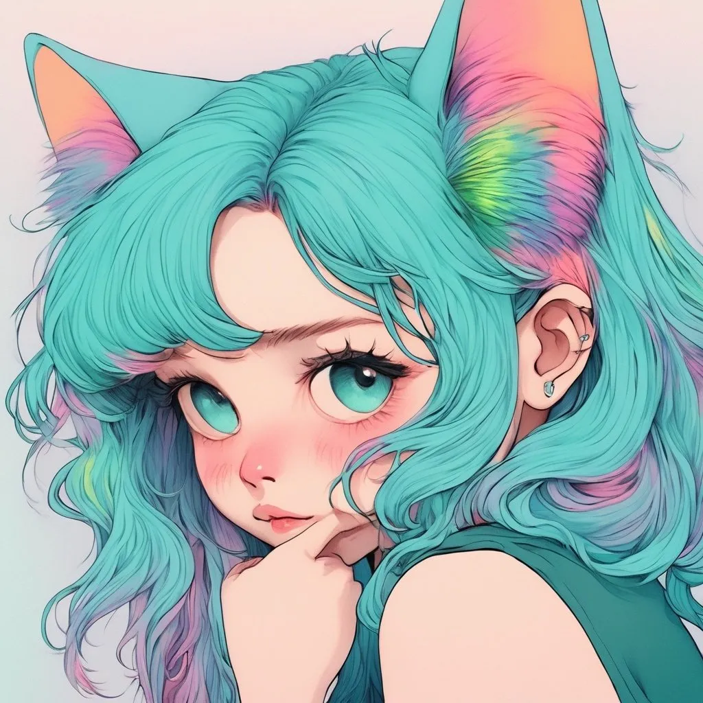 Prompt: Rainbow background , girl, detailed, teal hair, shy, cat ears, very detailed