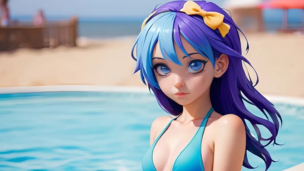 Prompt: Girl, blue hair, violet eyes, swimsuit