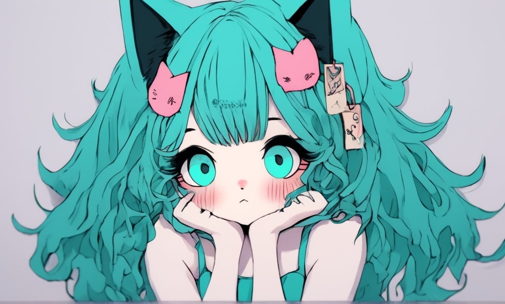 Prompt: Kawaii, girl, detailed, teal hair, shy, cat ears, very detailed