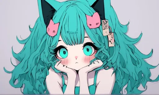 Prompt: Kawaii, girl, detailed, teal hair, shy, cat ears, very detailed