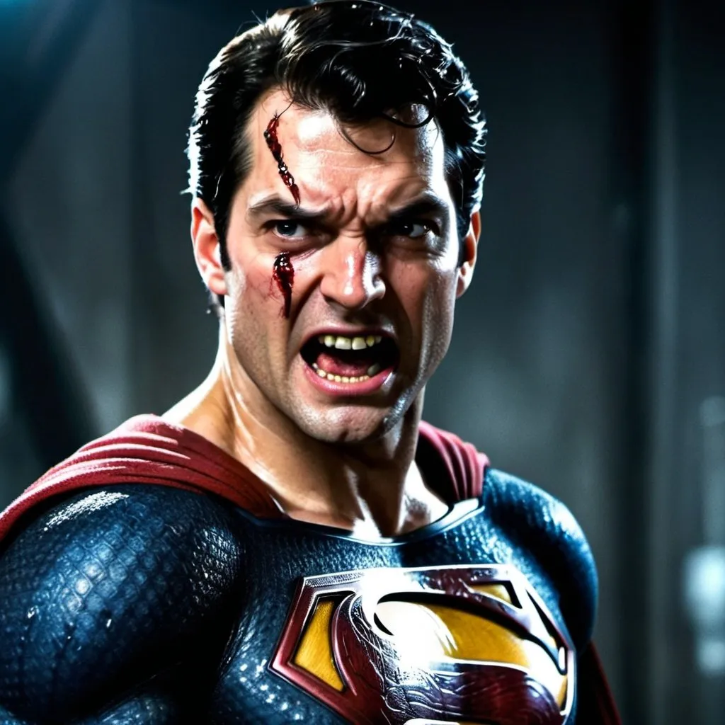 Prompt: Superman Man of Steel, screaming, sweating, after fighting, suits had some scratches, bleeding,