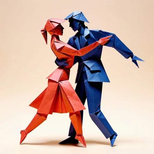 Prompt: Create a image with origami figures of humans dancing a tango. Only 2 persons and add colours to the clothes
