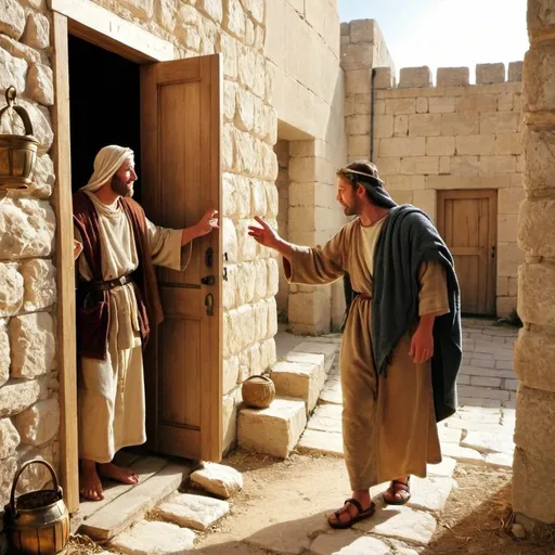 Prompt: biblical era Bethlehem, Joseph at Inn knocking on door.