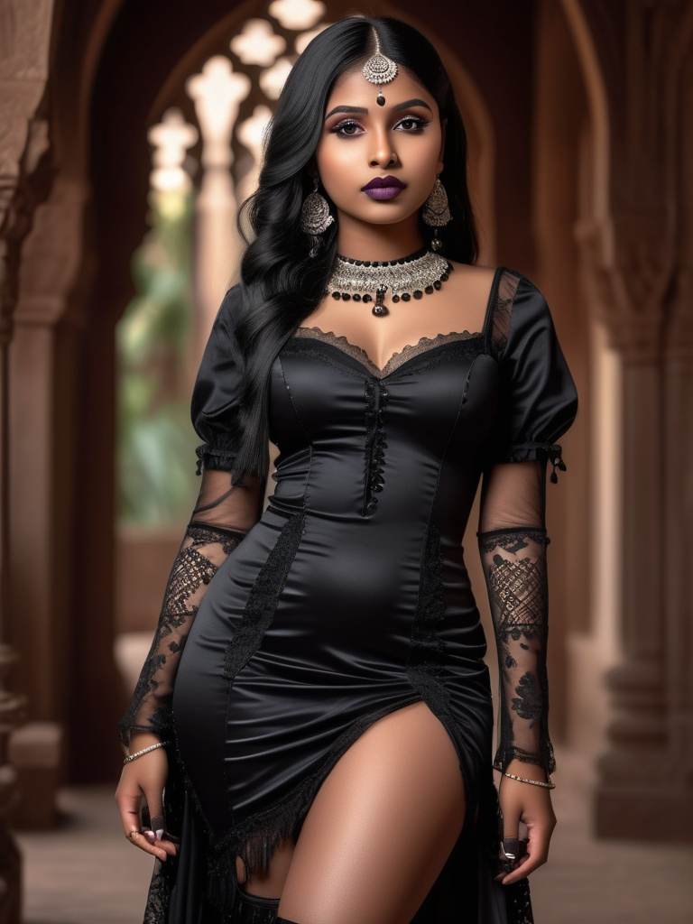 Prompt: photo of a young 18-year-old dark skin indian goth girl. thiccc, goth pink lips, intricately detailed gothic dress. very attractive. high detail realistic. thick thighs,  full body shot, professional photo. Studio lighting, backlit, realistic lighting. hdr uhd 8k ultra-realistic render,  very high detail skin, beautiful face, 