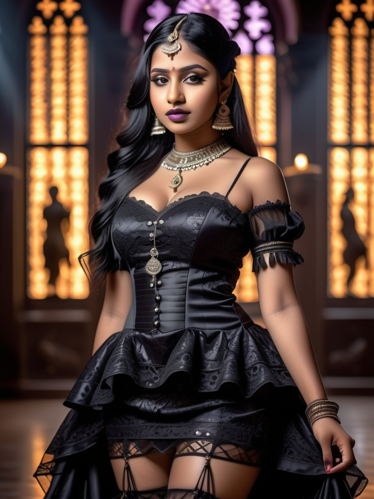 Prompt: photo of a young 18-year-old indian girl. thiccc, goth mauve lips, intricately detailed gothic dress. very attractive. high detail realistic. thick thighs,  full body shot, professional photo. Studio lighting, backlit, realistic lighting. hdr uhd 8k ultra-realistic render,  very high detail skin, beautiful face, 