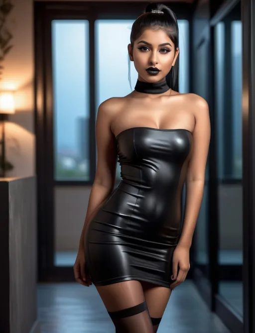 Prompt: full body photo of a young 18-year-old young thick indian goth girl. cute soft thin glossy brown lips, black hair, and ponytail. wearing revealing tight strapless minidress and stockings, showing lots of skin. very attractive. high detail realistic, professional photo. Studio lighting, backlit, realistic lighting. hdr uhd 8k ultra-realistic render,  very high detail skin, beautiful face, 