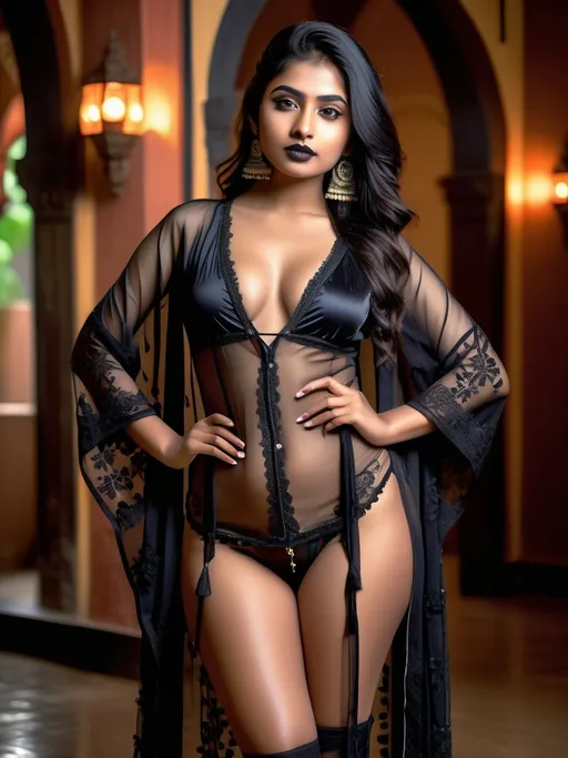 Prompt: photo of a young 18-year-old indian girl. thiccc, gothic black lips, intricately detailed gothic sheer robe. very attractive. high detail realistic. thick thighs,  full body shot, professional photo. Studio lighting, backlit, realistic lighting. hdr uhd 8k ultra-realistic render,  very high detail skin, beautiful face