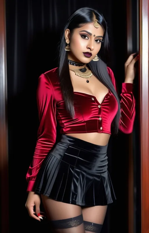 Prompt: photo of a young 18-year-old indian girl.  mirror behind her. wearing skimpy red goth velvety blouse, and very short micro pleated skirt and tight black tights. wearing a choker. goth lips. bending over. very attractive. high detail realistic. thick thighs,  full body shot, professional photo. Studio lighting, backlit, realistic lighting. hdr uhd 8k ultra-realistic render,  very high detail skin, beautiful face, 