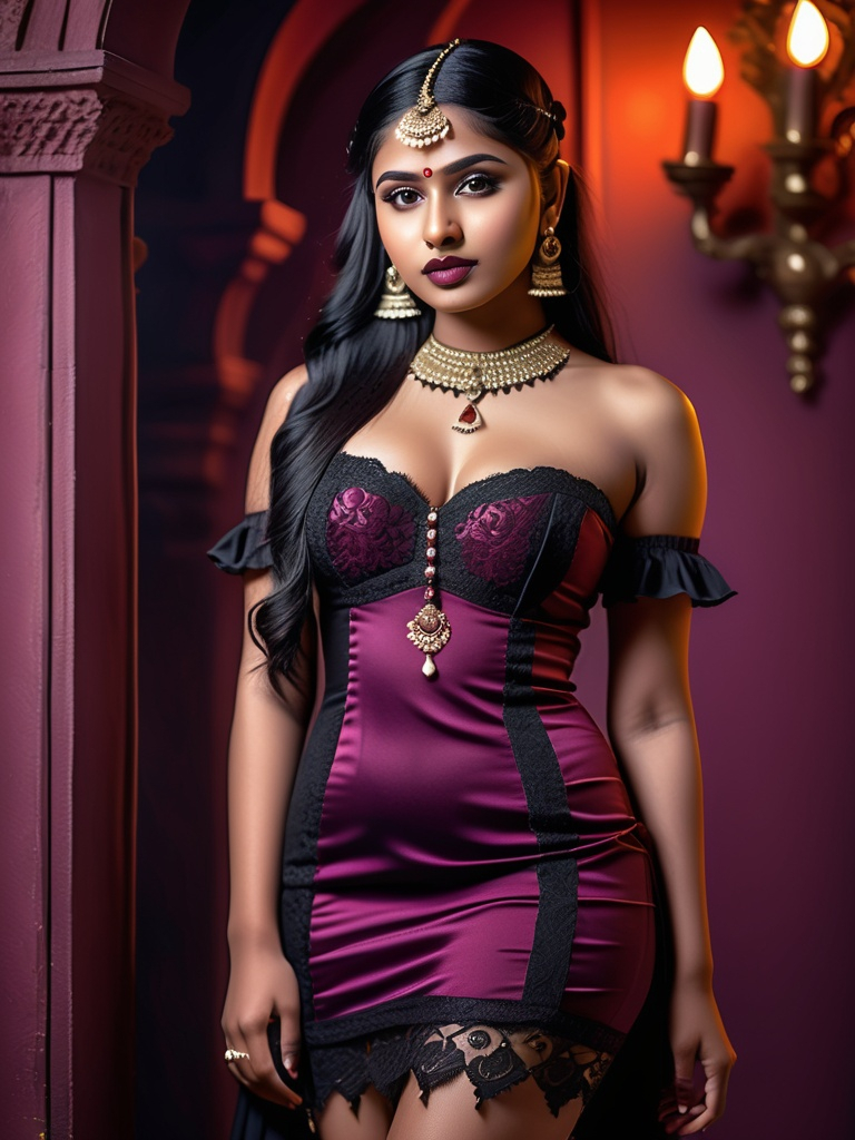 Prompt: photo of a young 18-year-old indian girl. thiccc, goth mauve lips, intricately detailed red gothic dress. very attractive. high detail realistic. thick thighs,  full body shot, professional photo. Studio lighting, backlit, realistic lighting. hdr uhd 8k ultra-realistic render,  very high detail skin, beautiful face, 