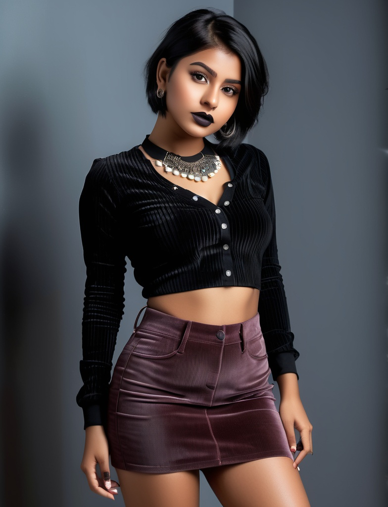 Prompt: full body photo of a young 18-year-old thiccc indian girl. short hair. died tips. thiccc, wearing corduroy miniskirt. gothic black lips. very attractive. high detail realistic, professional photo. Studio lighting, backlit, realistic lighting. hdr uhd 8k ultra-realistic render,  very high detail skin, beautiful face, 