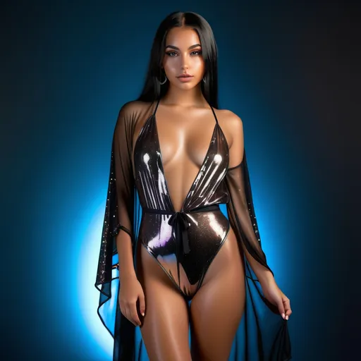 Prompt: full body photo of a young 18-year-old tanned goth girl. micro pearlescent glitter swimsuit and sheer robe. loose clothing. revealing clothing. very attractive. high detail realistic, professional photo. Studio lighting, backlit, realistic lighting. hdr uhd 8k ultra-realistic render,  very high detail skin, beautiful face, 