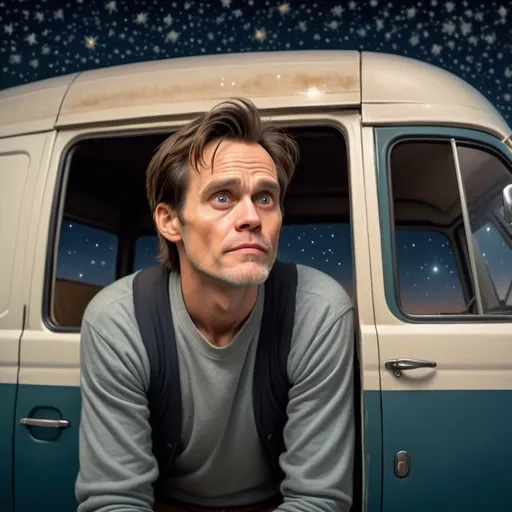Prompt: Realistic high quality photo of a van under the stars, young Jim Carrey looking up at the sky, starlit night sky, detailed facial features, serene and contemplative expression, vintage van, realistic, starry night, detailed eyes, professional, atmospheric lighting, peaceful ambiance