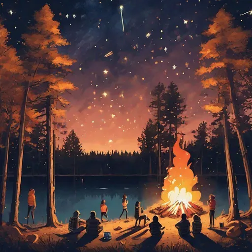 Prompt: The night sky in a pine forest with an autumn lake shooting stars and a group of young teens at a camp fire roasting marshmallows out of focus on the bottom left side middle. 