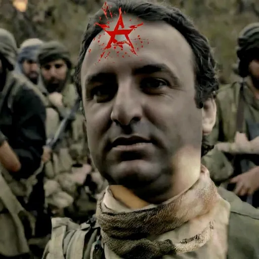 Prompt: I want to generate a picture for Jewish person who is in a battle field. Dressed as a  muslim Jihadi with a revolutionary uniform having Davids star on it