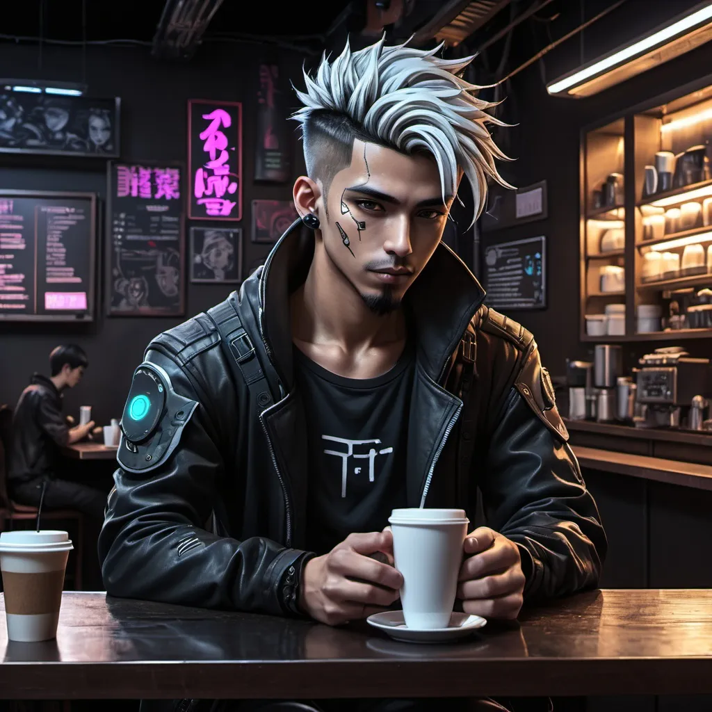 Prompt: Anime cyberpunk style, man in coffee shop, highly detailed, HD, dark background