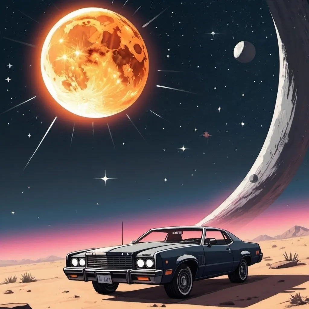 Prompt: Sun and moon in outerspace in grand theft auto art style