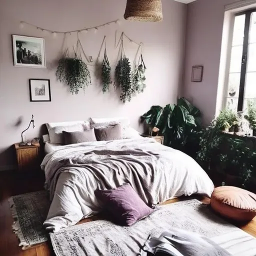 Prompt: a cozy bedroom, lavender walls, plants, many books, white sheets, many pillows, large window, soft light, large bed, feminine, wooden floor
