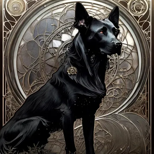 Prompt: Alphonse Mucha, Luis Royo, Ayami Kojima; full body splash art of a black dog, magical,  all black fur, detailed eyes, detailed face, elegant, intricate, details, detailed, hyperrealistic, splash art, realistic style, fantasy, elegant, highly detailed, smooth, chiaroscuro, sharp focus, artstation, digital painting, concept art, D&D, fantasy