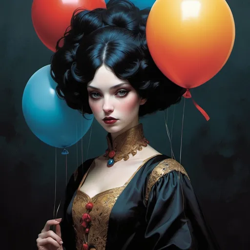 Prompt: comics cover by Bastien Lecouffe-Deharme, Hayv Kahraman, Erik Madigan Heck, Nicholas Hughes, Nicholas Hilliard, Daarken, faerietale couture, dark fantasy balloon goddess