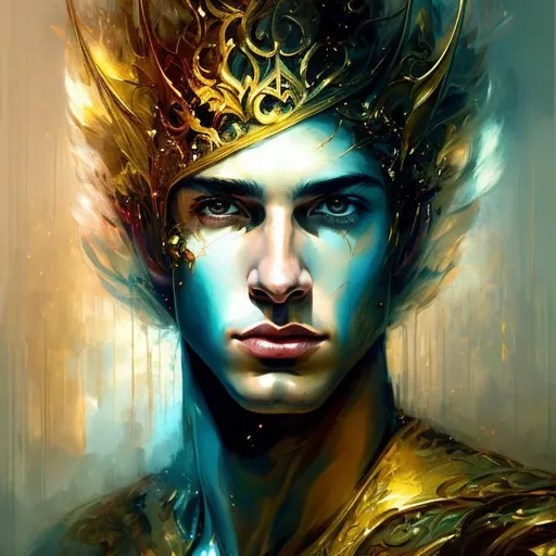 Prompt: art by Bastien Lecouffe Deharme and Billelis; splash art of the god Hermes, handsome, golden, sensual, looking at the camera, powerful, cunning, androgynous, Greek, masterpiece, perfect male, highly detailed, detailed eyes, looking at the camera, fantasy, high definition, realistic, digital art, masterpiece, caduceus