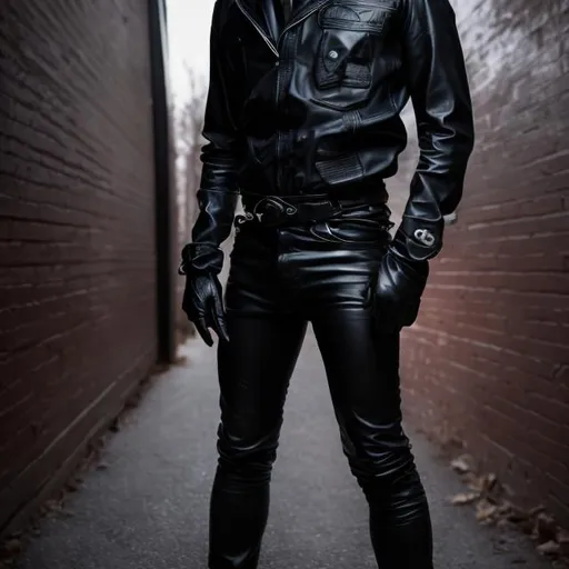 Prompt: A photo of a man, full body, wearing black leather, leather pants, leather gloves, handcuffs, with short dark hair, dark eyes, natural light, dark colors, outside at dusk