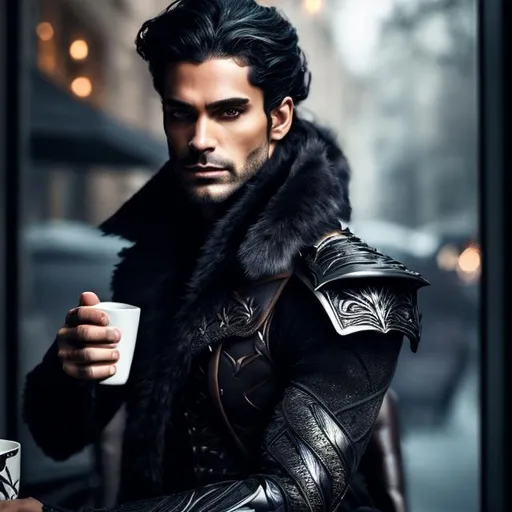 Prompt: A handsome dark haired cruel fae prince, prince of the north, drinking coffee, highly detailed full body, masculine, just one head, long hair, shimmering, wearing dark clothes clothes, inside a cozy coffee shop, epic composition, ultra wide-shot, dynamic pose, concept art, dramatic lighting, digital painting, smooth, character design, ((sharp focus))