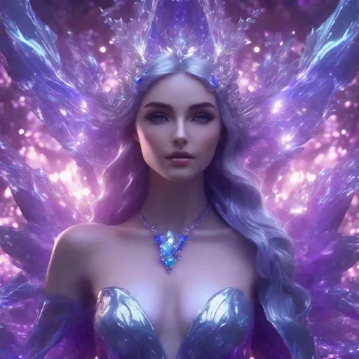 Prompt: Holy, Radiant, Majestic, 3D, HD, Cinematic lighting, (Beautiful {fae}Female, {liquid}silver jade sapphire), expansive ethereal background beautiful purple chaos, hyper realistic, 8K --s98500