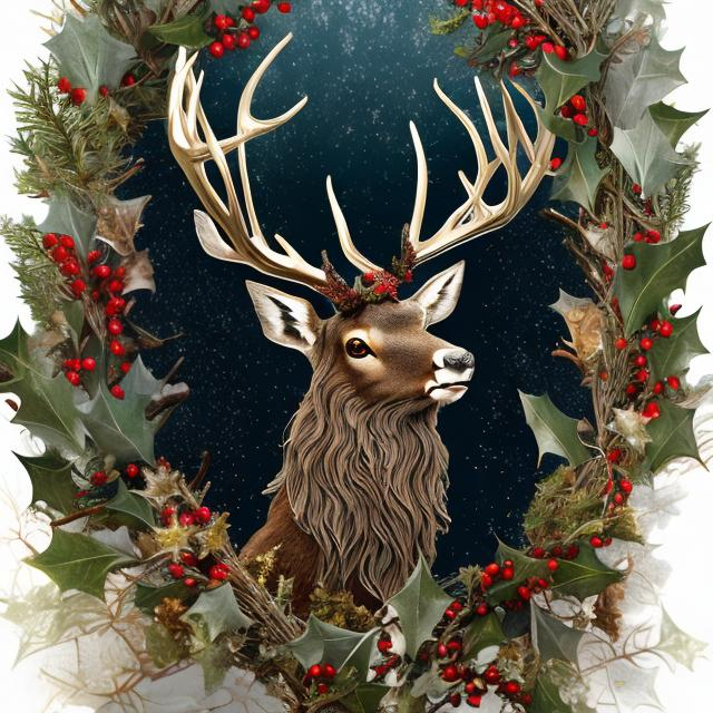 Prompt: yule stag, beautiful, highly detailed, glowing, surrounded by Holly, Oak, Mistletoe, Ivy, Evergreens, Laurel, Bayberry, Blessed Thistle, Frankincense, Pine, Sage, Yellow Cedar; colors: red, green white, silver, gold; festive, realistic, photorealism, artistic, studio photograph, designer, holiday card