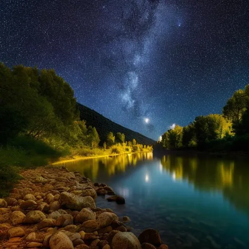 Prompt: A river bank in Northern Greece surrounded by forest, mountain river,  winding river, covered by trees, large trees, isolated, wide pebble beach, at night, many stars, dark sky, 