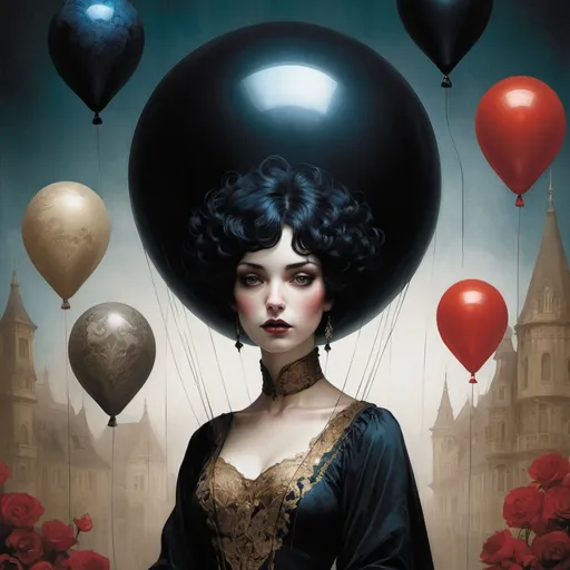 Prompt: comics cover by Bastien Lecouffe-Deharme, Hayv Kahraman, Erik Madigan Heck, Nicholas Hughes, Nicholas Hilliard, Daarken, faerietale couture, dark fantasy balloon goddess