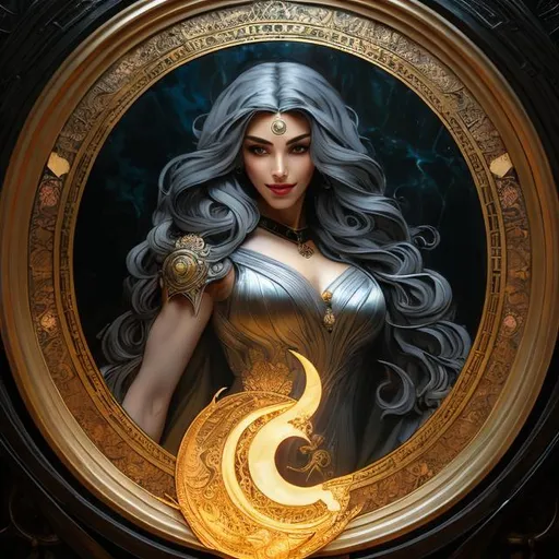 Prompt: full body splash art of Hecate, powerful, older woman, grey hair, grey streaks, triple moon, feminine, small chest, dark dress, dangerous, elegant, highly detailed, intricate, torches, dogs, herbs, smooth, chiaroscuro, sharp focus, artstation, digital painting, concept art, art by alphonse mucha and John William Waterhouse, D&D, , magic, witchy,
