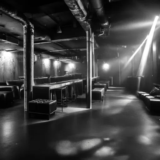 Prompt: gritty Berlin techno club, black walls, industrial, bar, lounge area, indirect light, underground, 