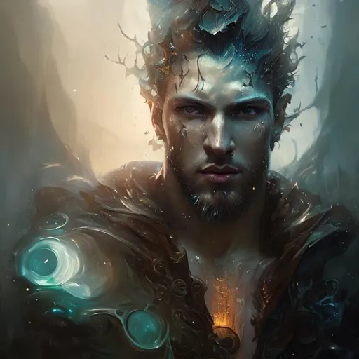 Prompt: art by Bastien Lecouffe-Deharme; splash art portrait of a god, man, masculine, fantasy,  ethereal, starry background, elegant, desirable, beautiful, masterpiece, HD, 8k, highly detailed, looking at the camera, cinematic lighting, 