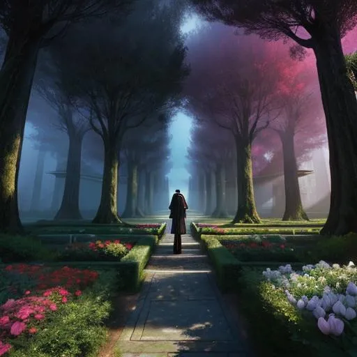 Prompt: A tall male humanoid is dwarfed by the great expanse of luscious gardens with flowers, with a dark palace, greek temple, He stands on a path amidst cypress trees surrounded by an ethereal black and reddish mist, behance HD, underworld, aurora borealis, 