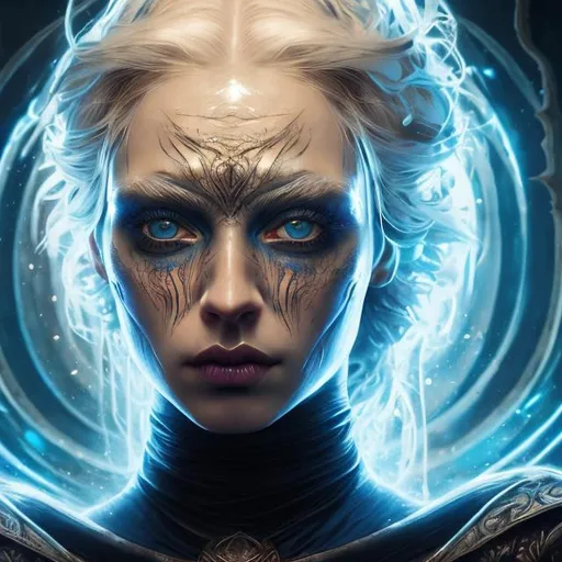 Prompt: splash art of a woman, white hair, bright blue eyes, intense eyes, Bene Gesserit, witch, mystical, body art, jewelry, highly detailed, cinematic lighting, beautiful, chiaroscuro, 8k, realistic, wearing a dramatic dress, open eyes, masterpiece, on the planet Arrakis, Dune, 