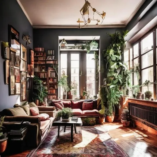Prompt: a cozy studio apartment, many books, many plants, large windows, big sofa, colorful paintings on the wall, comfortable, dusk, twilight, lamps, masculine, wood furniture