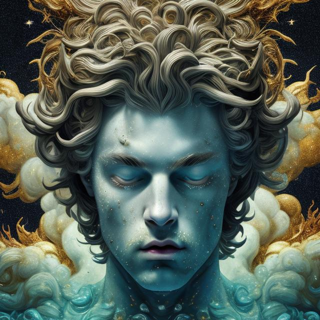 Prompt: art by Erik Madigan Heck; splash art portrait of a shining god, Greek Mythology, ethereal, monstrous, starry background, beautiful, masterpiece, HD, 8k, highly detailed, looking at the camera, cinematic lighting,