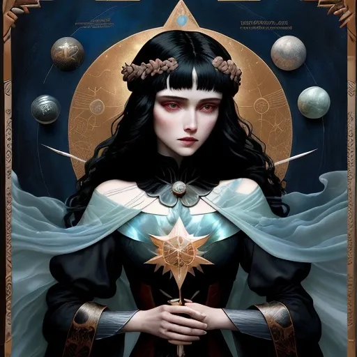 Prompt: comics cover by Bastien Lecouffe-Deharme, Hayv Kahraman, Erik Madigan Heck, Nicholas Hughes, Nicholas Hilliard, Daarken, faerietale couture, dark fantasy:: beauty, Dark Olympus, Hecate, decoupage, intertwined with encaustic painting, impasto, ethereal foggy, craquelure, tempera effect, plethora of pokemons lanquerware with mother of pearl inlay, witch, in the asterism sky, medieval armor with geoglyph engraves, in action, with a heliocentric kinetic glowing spear, 