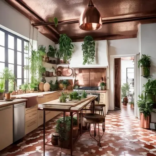 Prompt: a very large kitchen, a lot of space, big room, light tiles, friendly, cozy, many herbs, many plants, comfortable, copper pots, warm, warm light, warm colors, homey, wide view, kitchen island, 