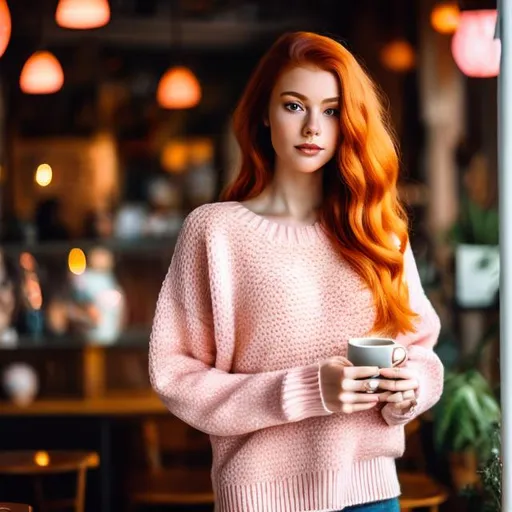 Prompt: a beautiful young woman with ginger hair, wearing a pink knitted sweater, white skin, carrying a book, highly detailed full body, just one head, long hair, happy, shimmering, inside a cozy coffee shop, epic composition, ultra wide-shot, dynamic pose, concept art, dramatic lighting, digital painting, smooth, character design, ((sharp focus)), looking at the camera