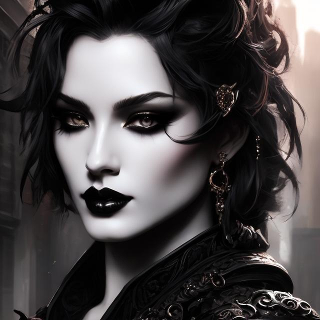 Prompt: portrait splash art of the god of death, human man, detailed face, goth style, short hair, dark, dark colors, punk, leather pants, flirty, elegant, friendly, soft face, outside, cafe, piercings, androgynous, highly detailed, intricate, smooth, sharp focus, artstation, digital painting, concept art,art by greg rutkowski, alphonse mucha and John William Waterhouse, D&D, fantasy, 