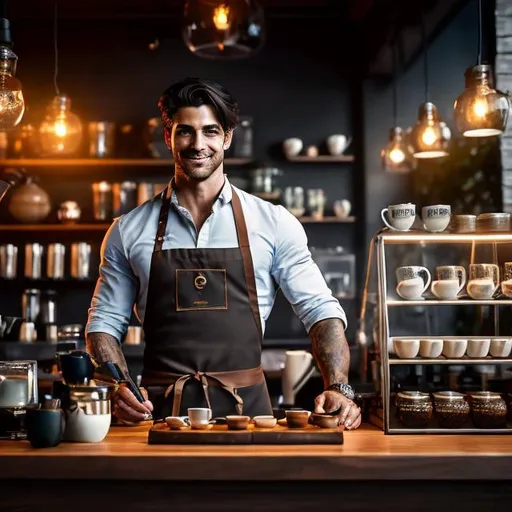 Prompt: one handsome fae assassin working at a coffee shop, highly detailed full body, just one head, long hair, happy, shimmering, wearing an apron, inside a cozy coffee shop, epic composition, ultra wide-shot, dynamic pose, concept art, dramatic lighting, digital painting, smooth, character design, ((sharp focus))