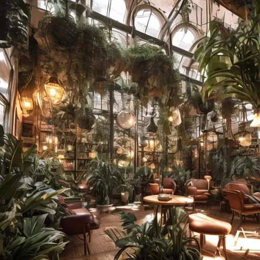 Prompt: a cozy cafe bar in a solarium, many many plants, many orchids, flowers, hanging plants, leather sofas, big chairs, twinkling lights, cozy bar, wide shot, concept art, architecture, Athens, comfortable interior, magical vibe