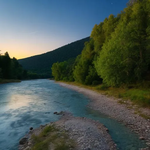 Prompt: A river bank in Northern Greece surrounded by forest, large trees, isolated, mountains in the background, wide pebble beach, at night, moon