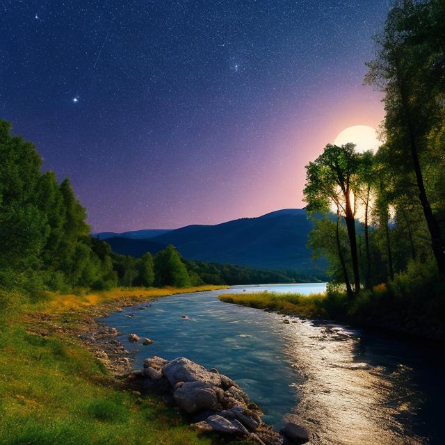 Prompt: A river bank in Northern Greece surrounded by forest, large trees, isolated, mountains in the background, wide pebble beach, at night, moon