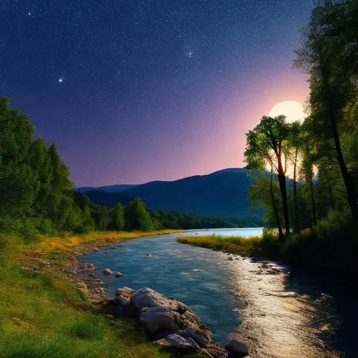 Prompt: A river bank in Northern Greece surrounded by forest, large trees, isolated, mountains in the background, wide pebble beach, at night, moon