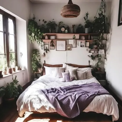 Prompt: a cozy bedroom, lavender walls, plants, many books, white sheets, many pillows, large window, dark, candles, large bed, feminine, wooden floor, Moroccan lamps, 