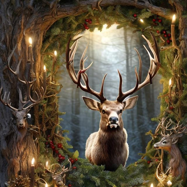 Prompt: yule stag in a forest, beautiful, highly detailed, glowing, surrounded by Holly, Oak, Mistletoe, Ivy, Evergreens, Laurel, Bayberry, Blessed Thistle, Frankincense, Pine, Sage, Yellow Cedar; colors: red, green white, silver, gold; festive, realistic, photorealism, artistic, studio photograph, designer, holiday card