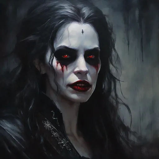 Prompt: an oil painting portrait of a female vampire, gothic, dark, dread, horror, dark atmosphere, dark fantasy, style of vampire, fury, mythology,